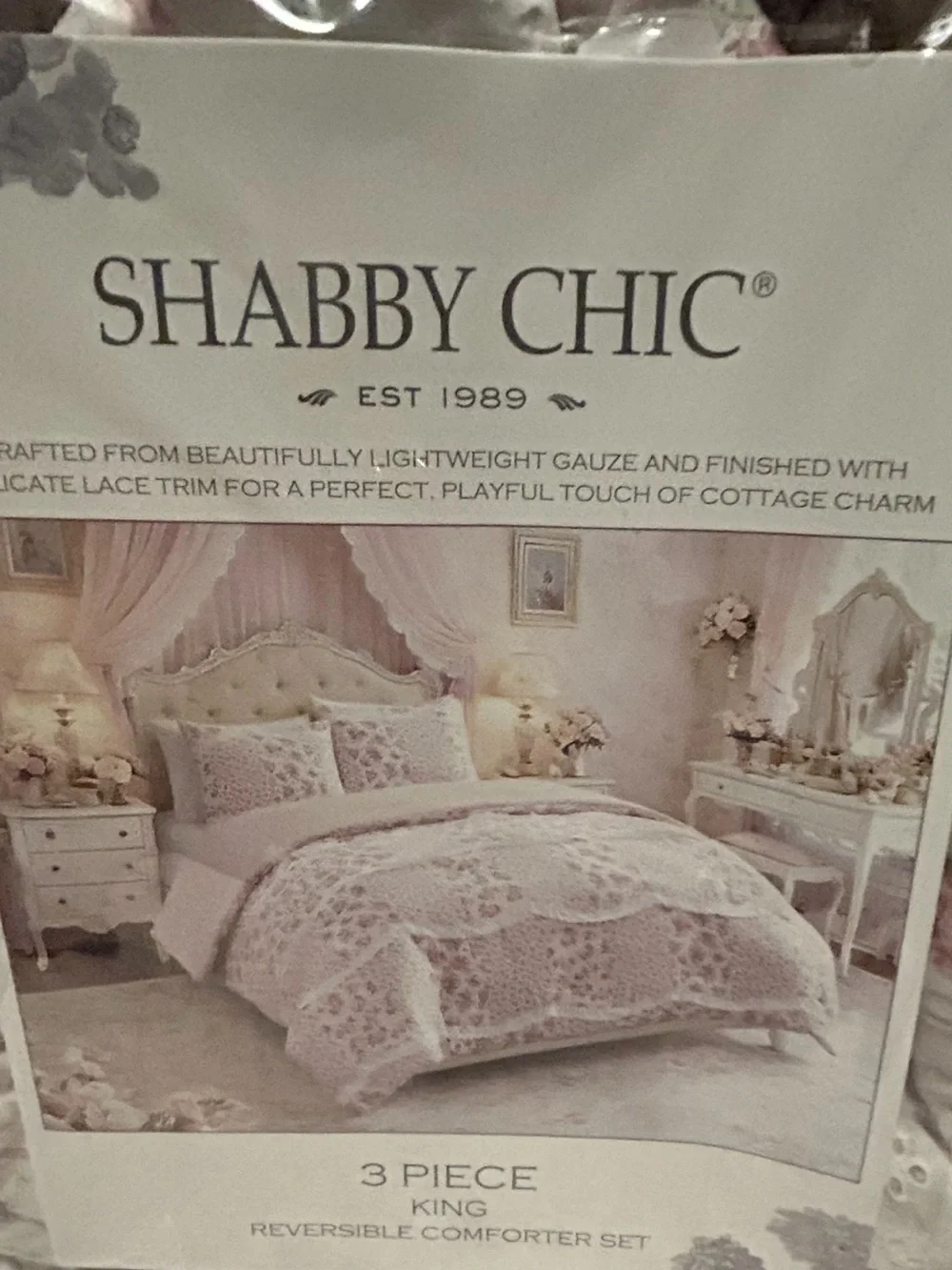 Shabby Chic Floral Pink & White Cotton Gauze King Comforter Set with Lace Trim